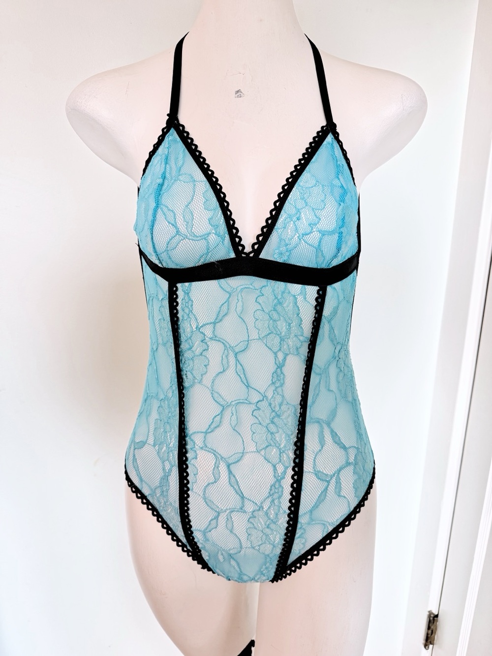 Aqua Blue Floral Lace Teddy Bodysuit Black Trim Open Back Size Medium
